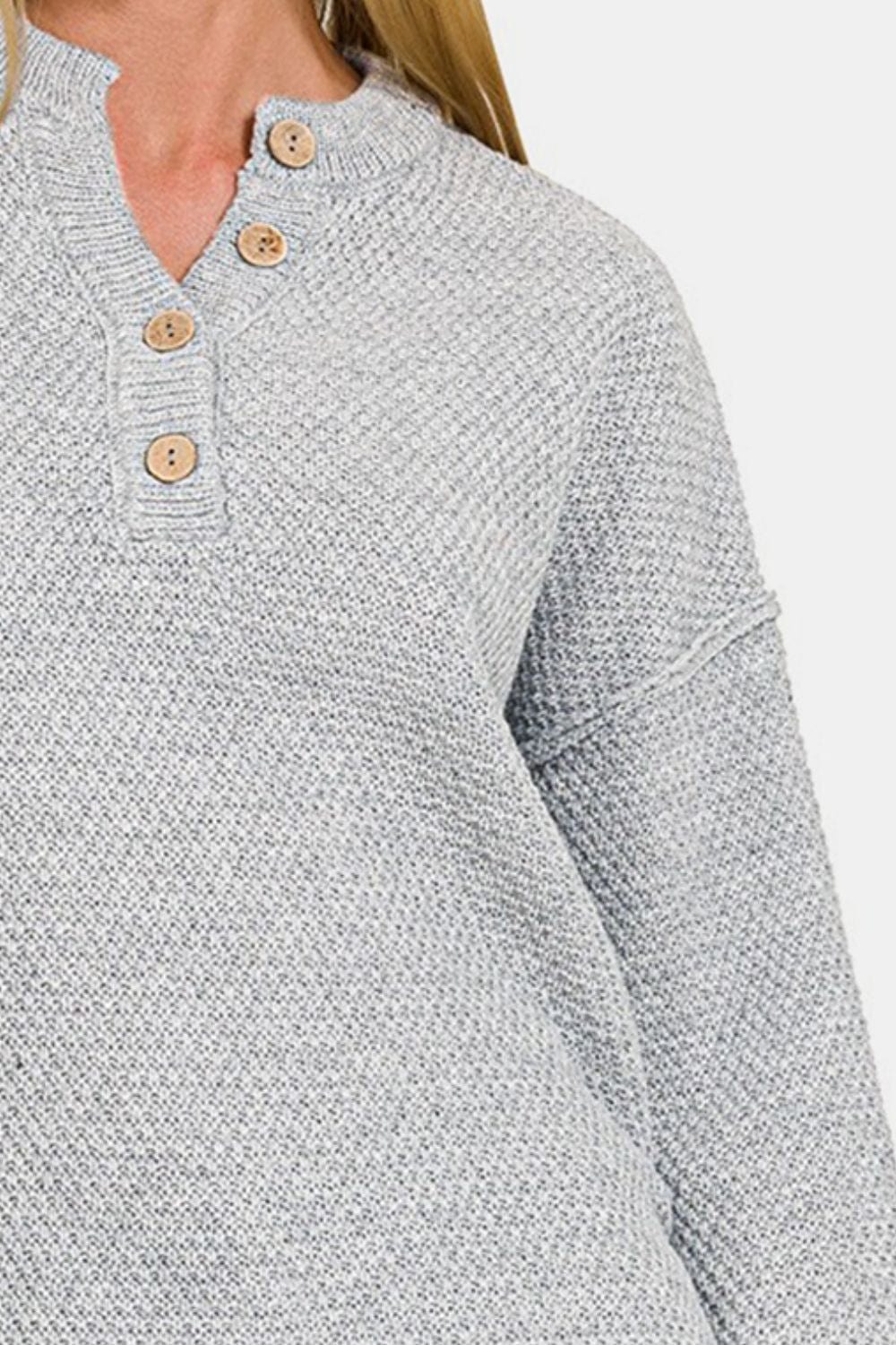 Light Gray Zenana Button Closure Drop Shoulder Sweater