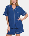 Zenana Button Down Short Sleeve Top and Shorts Lounge Set