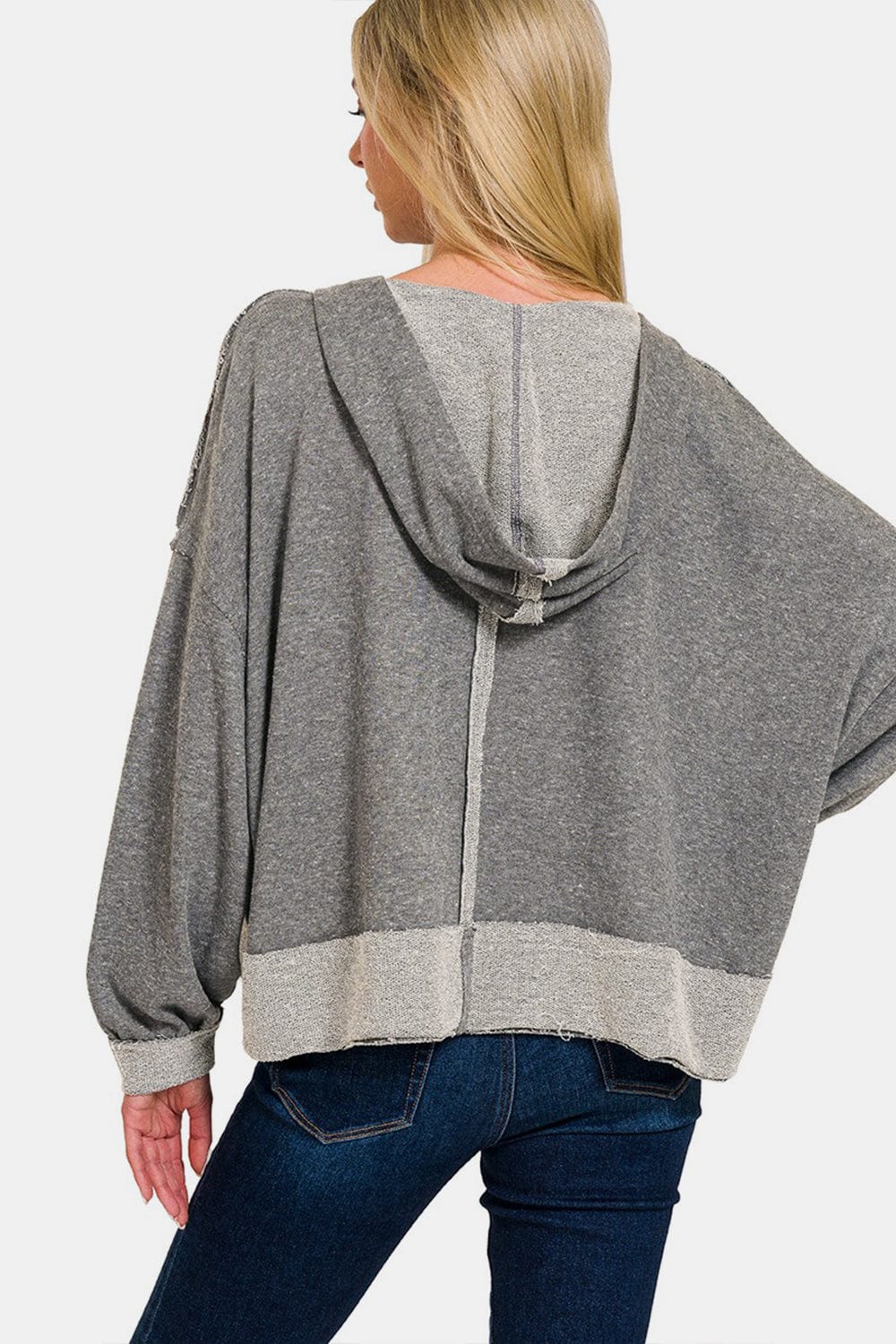 Light Gray Zenana Contrast Trim Slit Hoodie