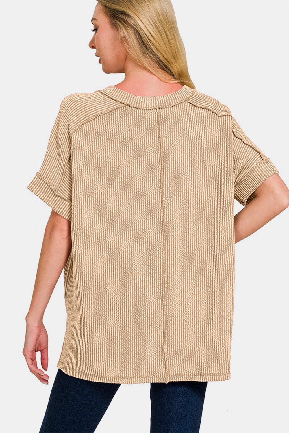 Beige Zenana Corded Rib Short Sleeve High-Low T-Shirt