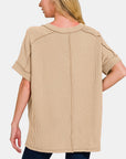 Beige Zenana Corded Rib Short Sleeve High-Low T-Shirt