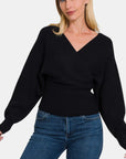 Zenana Cross Wrap Rib Long Sleeve Sweater