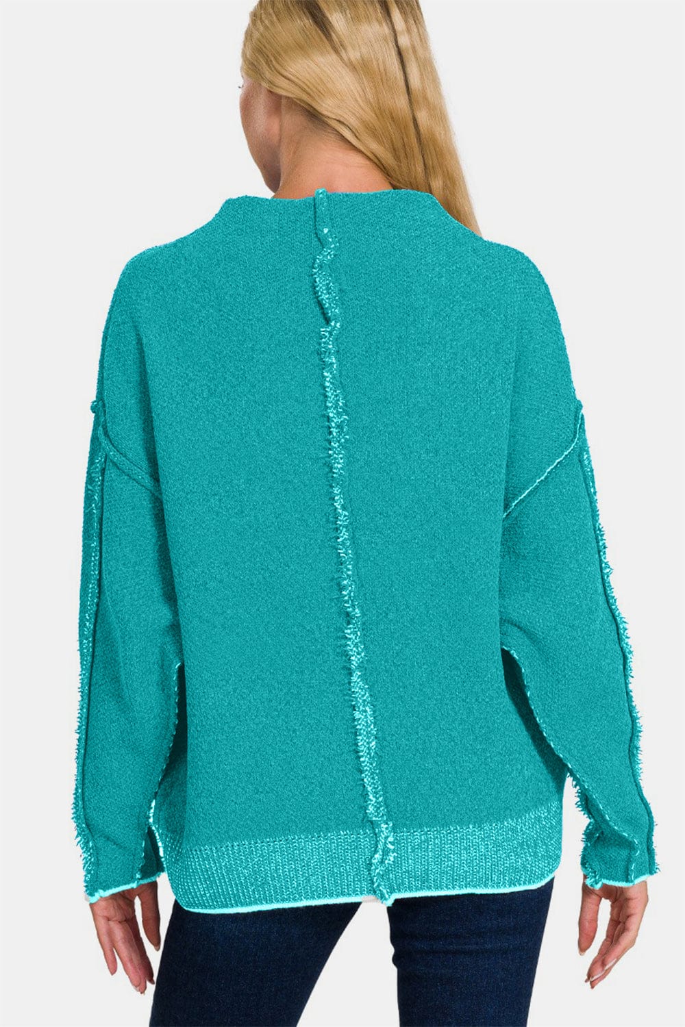 Light Sea Green Zenana Exposed Seam Mock Neck Long Sleeve Sweater