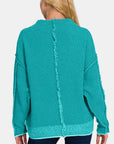 Light Sea Green Zenana Exposed Seam Mock Neck Long Sleeve Sweater