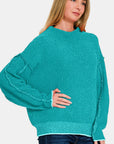 Light Sea Green Zenana Exposed Seam Mock Neck Long Sleeve Sweater