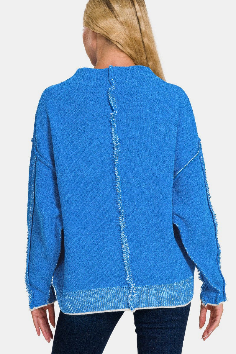 Royal Blue Zenana Exposed Seam Mock Neck Long Sleeve Sweater