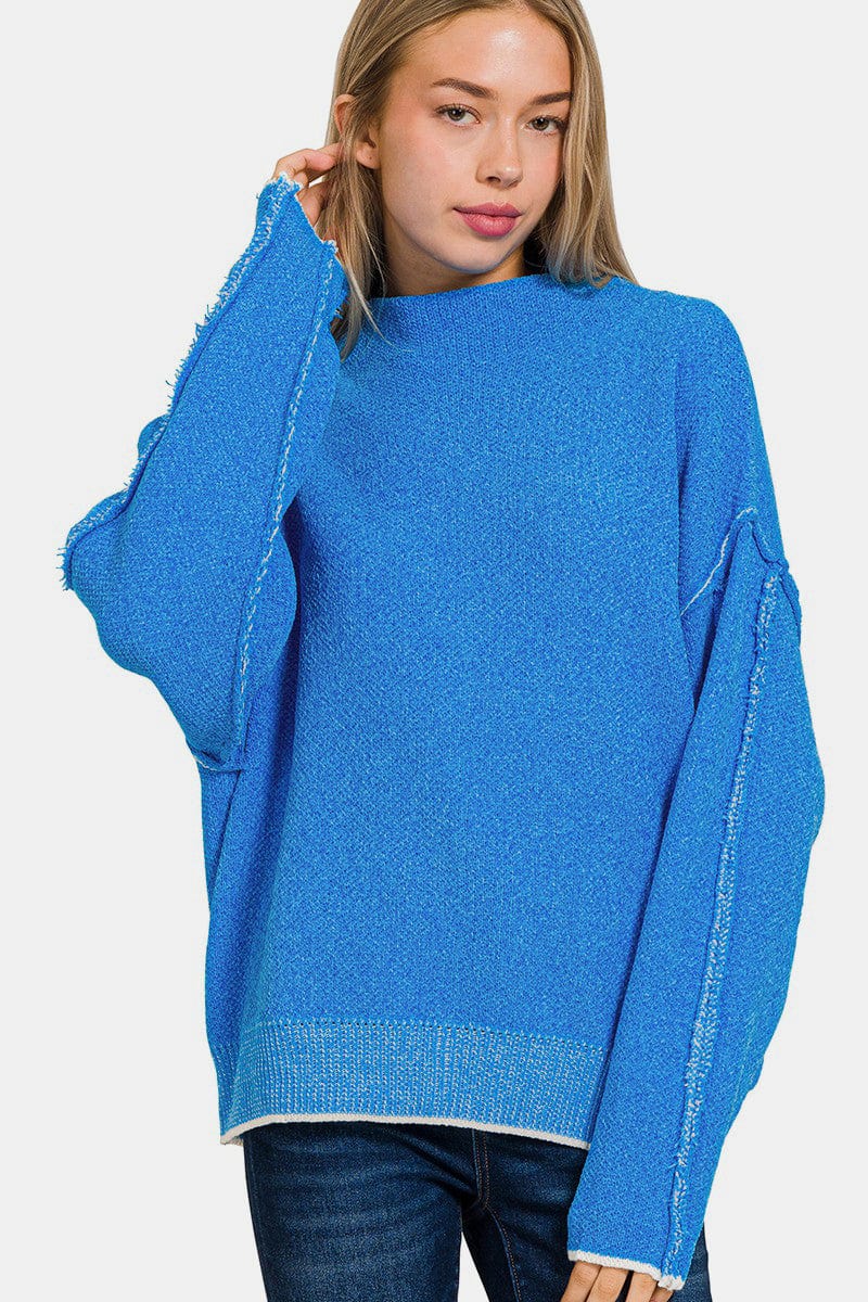 Steel Blue Zenana Exposed Seam Mock Neck Long Sleeve Sweater