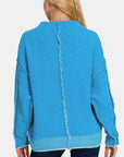 Steel Blue Zenana Exposed Seam Mock Neck Long Sleeve Sweater