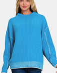 Steel Blue Zenana Exposed Seam Mock Neck Long Sleeve Sweater