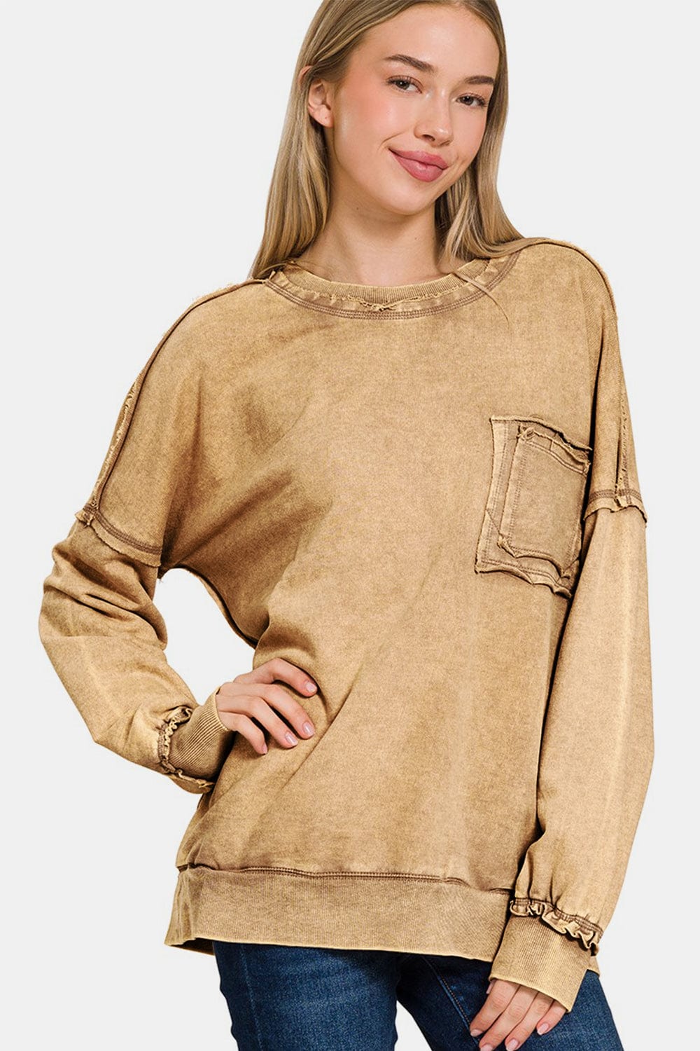 Tan Zenana Exposed Seam Round Neck Dropped Shoulder Sweatshirt