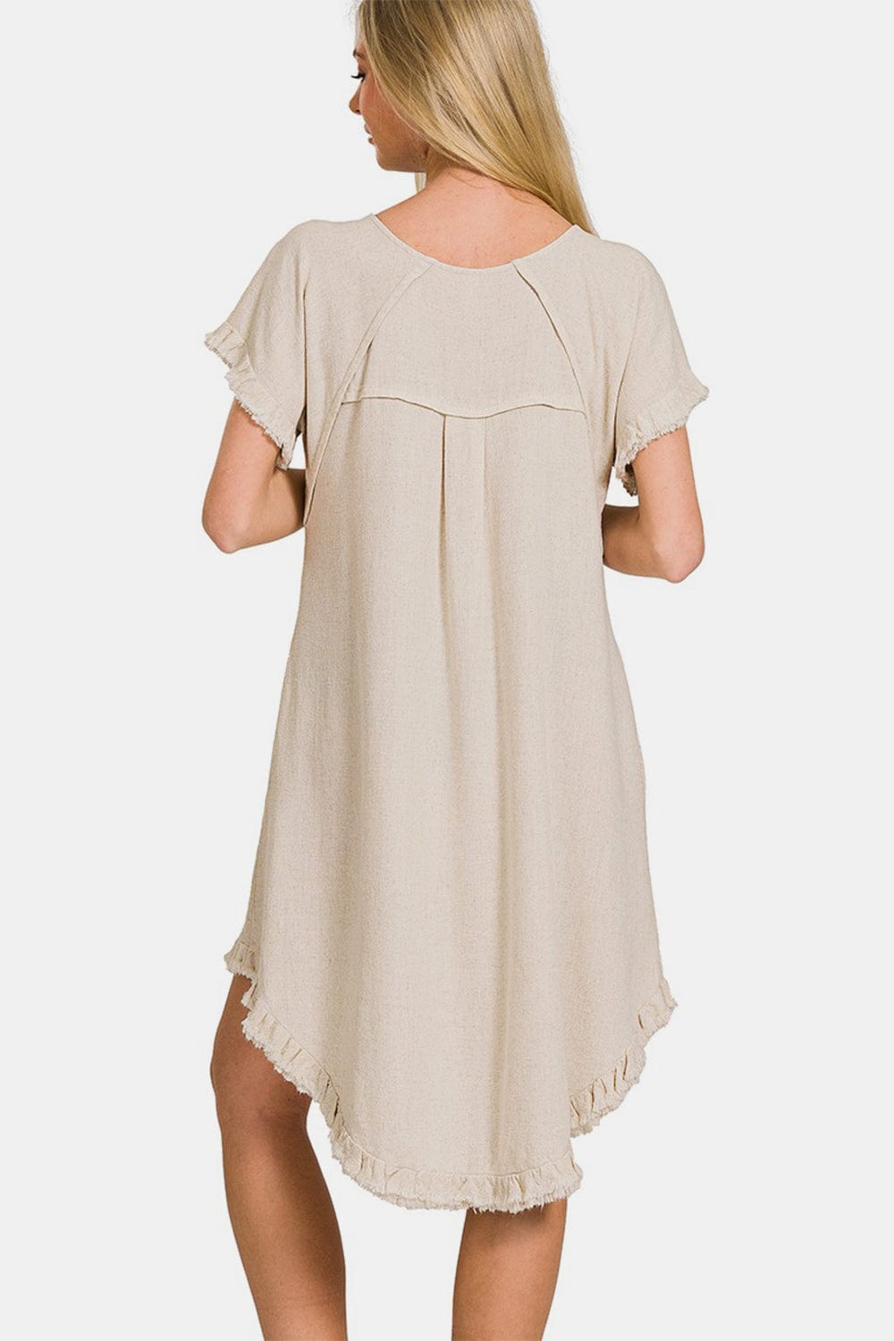 Beige Zenana Fringe Edge High Low Flowy Dress with Pockets