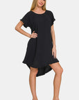 Dark Slate Gray Zenana Fringe Edge High Low Flowy Dress with Pockets