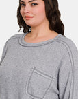 Zenana Full Size Contrast Stitching Brushed Ribbed Hacci Knit Top