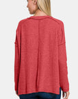 Zenana Full Size Exposed Seam Brushed Round Neck Sweater