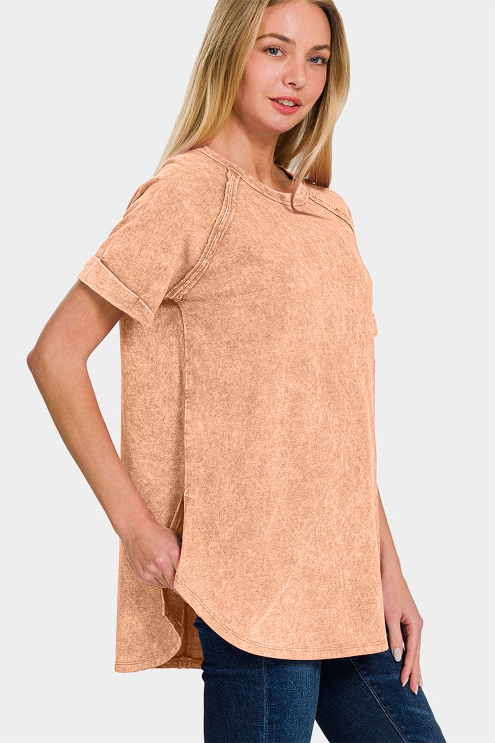 Wheat Zenana Heathered Round Neck Short Sleeve Top