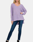 Zenana High-Low Center Seam V-Neck Sweater