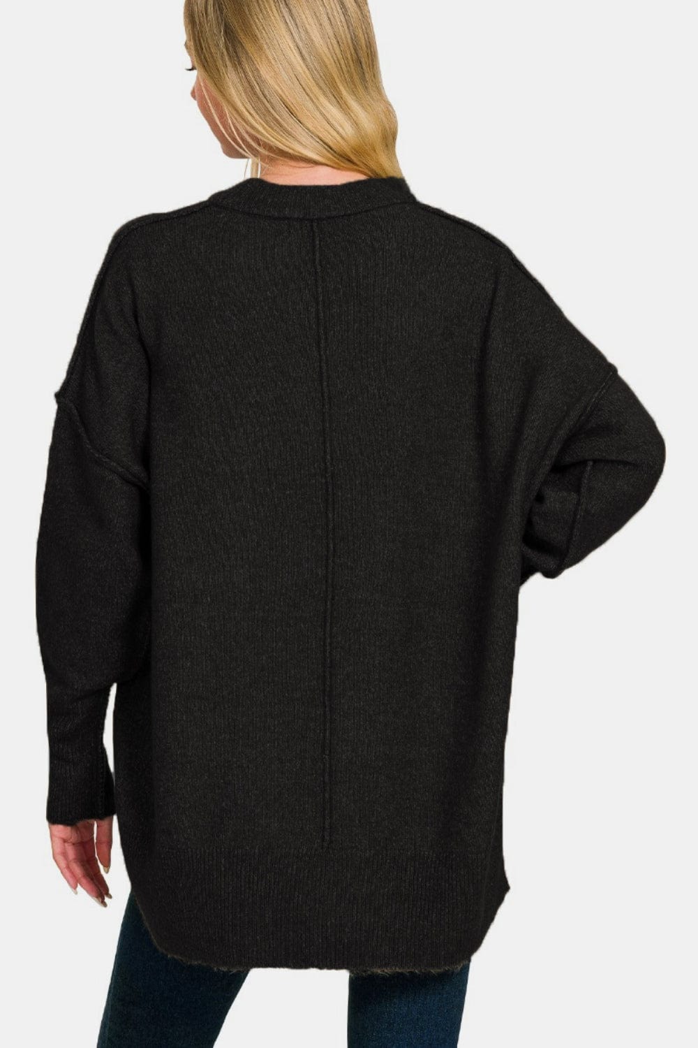 Black Zenana High-Low Hem Drop Shoulder Sweater