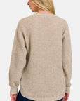 Light Gray Zenana High Low Long Sleeve Waffle Sweater