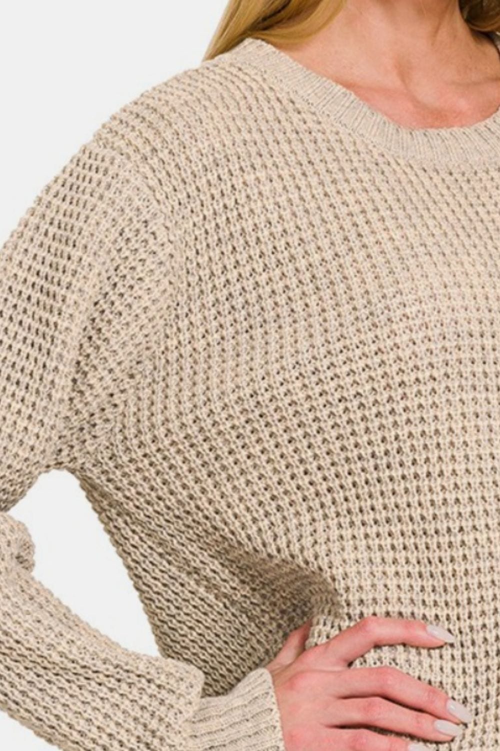 Gray Zenana High Low Long Sleeve Waffle Sweater