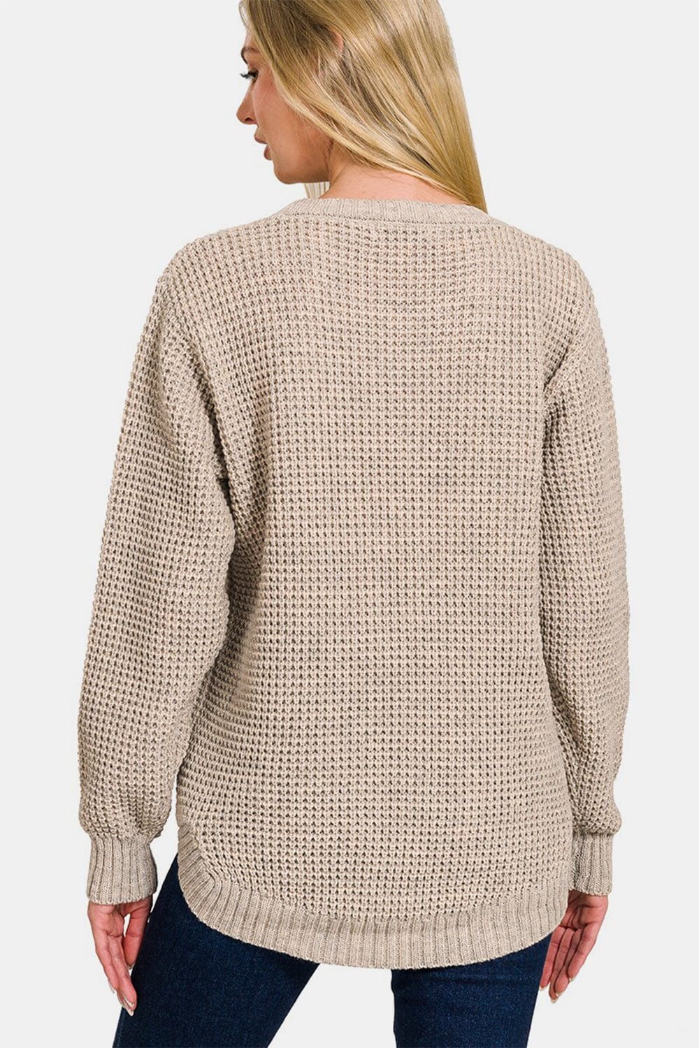 Light Gray Zenana High Low Long Sleeve Waffle Sweater