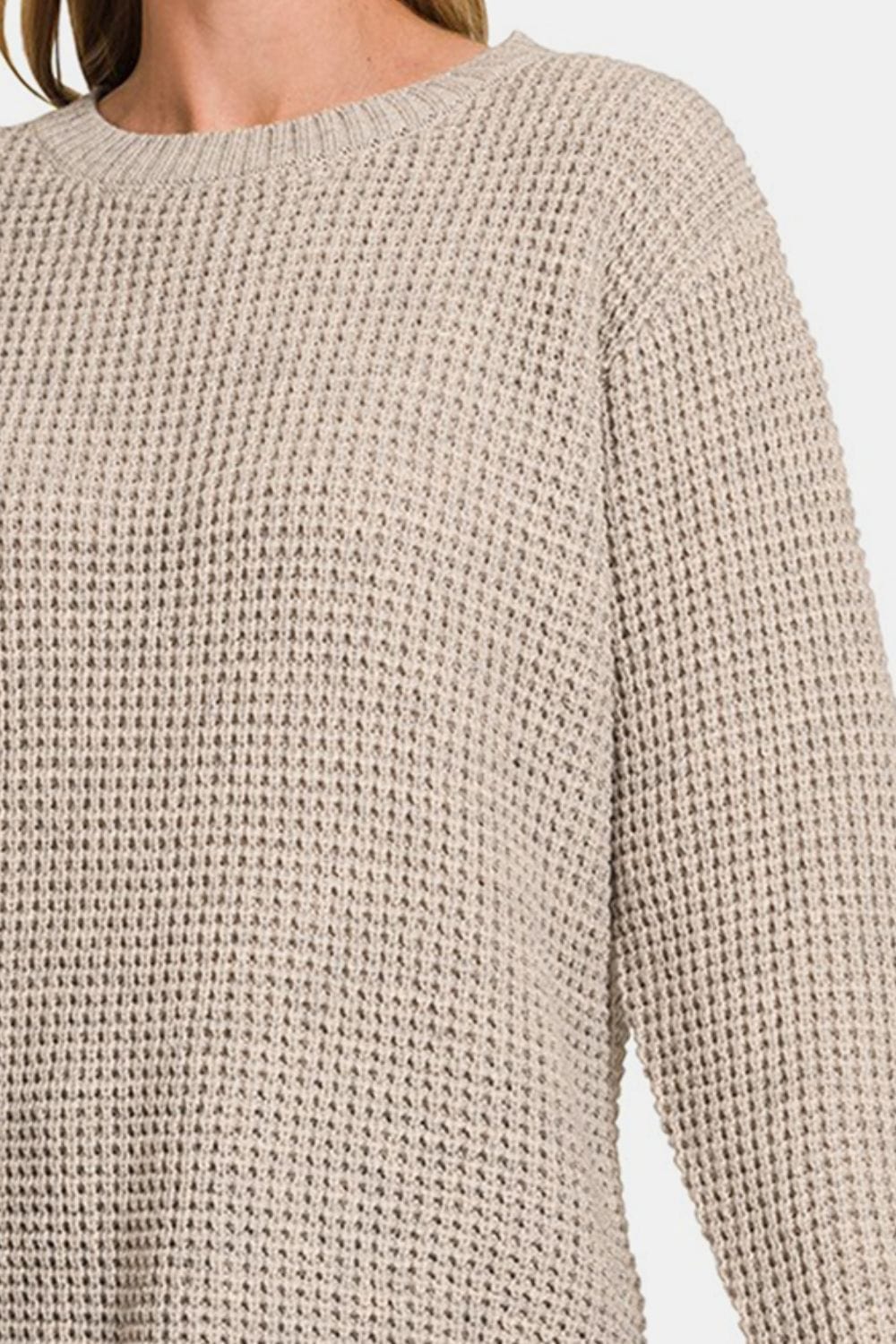 Gray Zenana High Low Long Sleeve Waffle Sweater