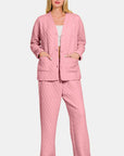 Zenana Quilted Button Up Long Sleeve Top and Pants Lounge Set