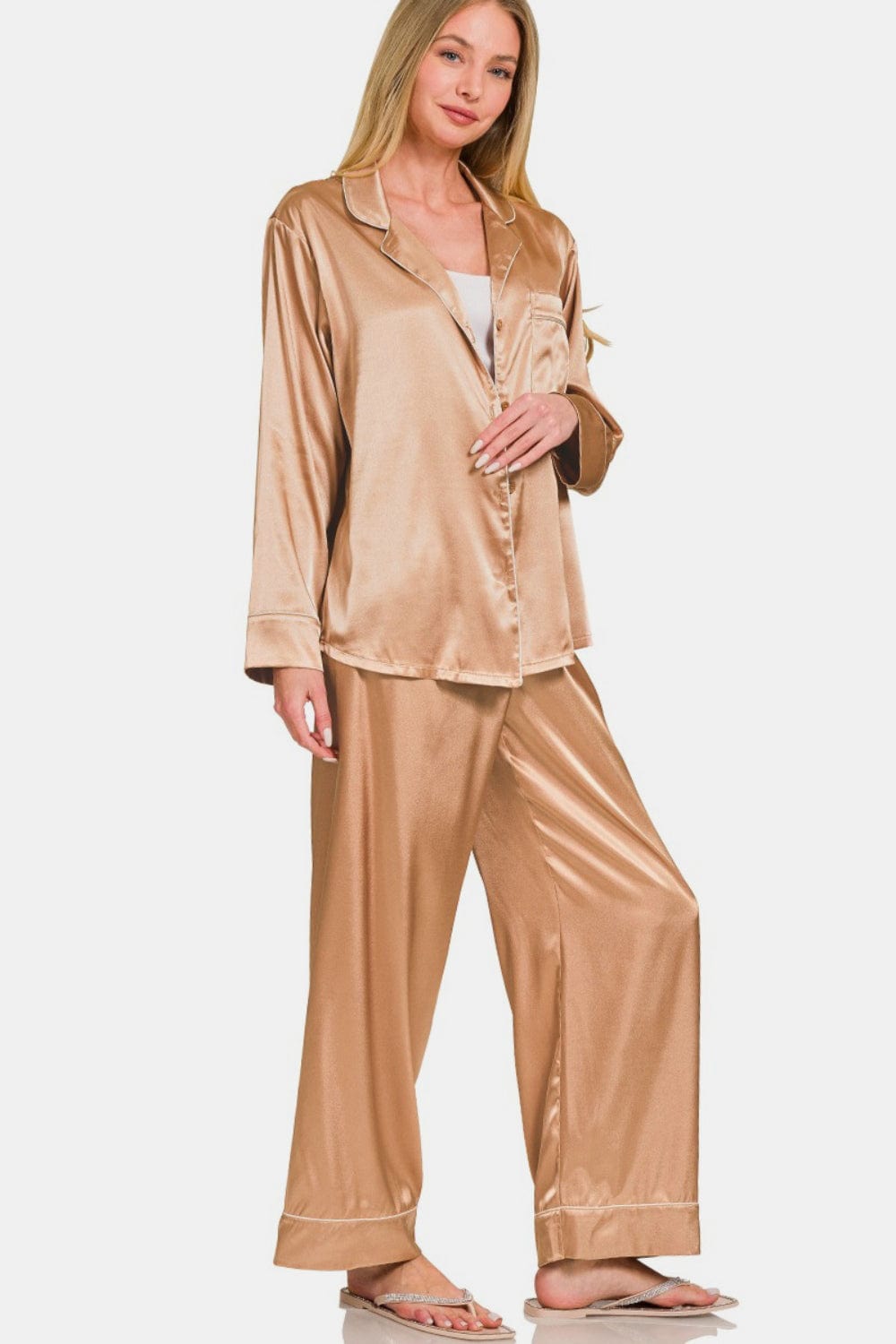 White Smoke Zenana Satin Long Sleeve Shirt and Pants Pajama Set