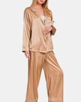 White Smoke Zenana Satin Long Sleeve Shirt and Pants Pajama Set