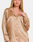 Light Gray Zenana Satin Long Sleeve Shirt and Pants Pajama Set