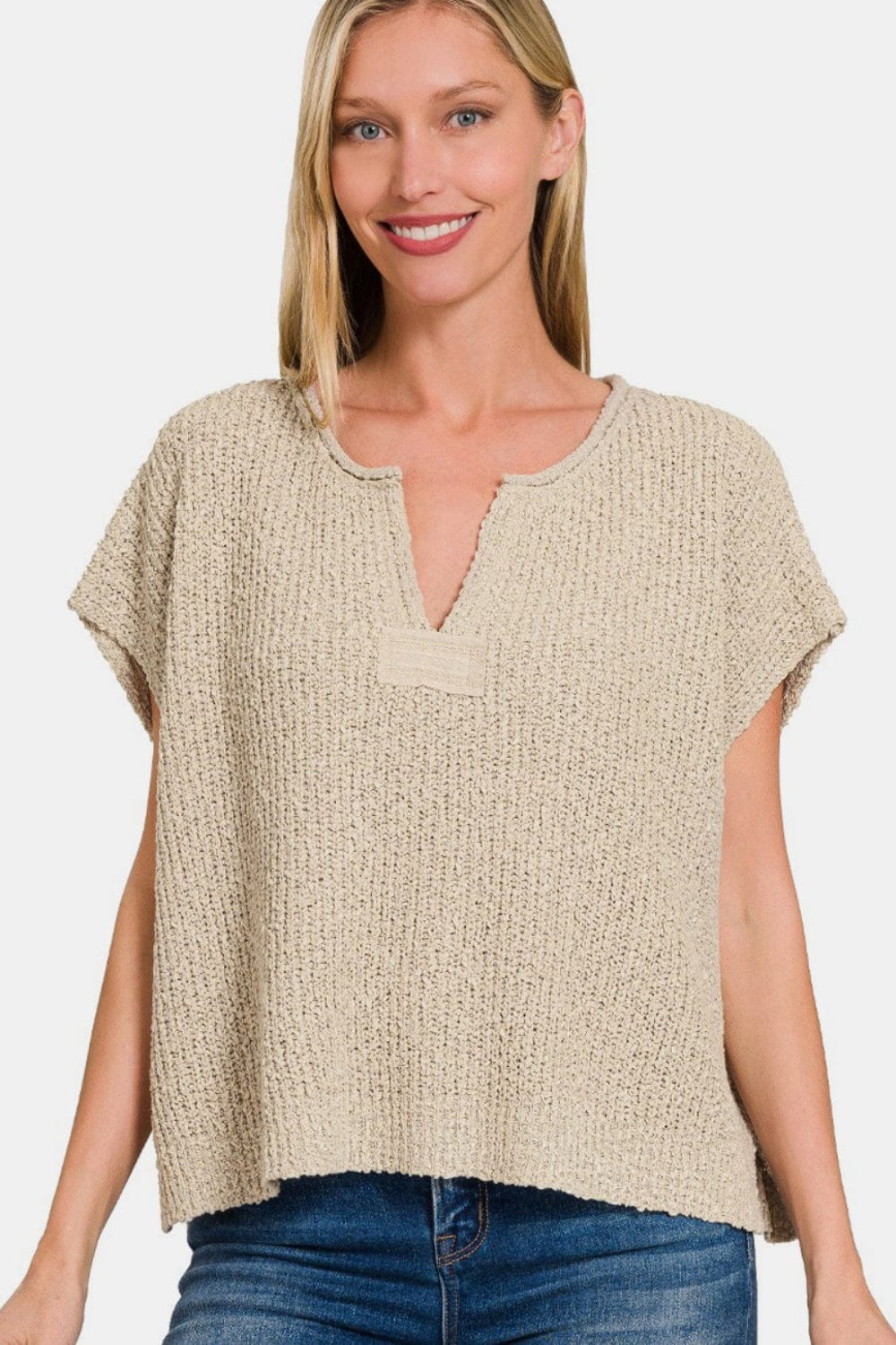 Light Gray Zenana Short Sleeve Side Slit Sweater