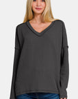 Zenana Texture Exposed Seam V-Neck Long Sleeve T-Shirt