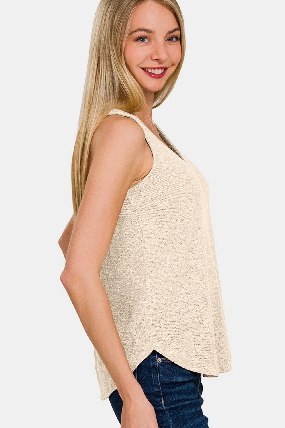 Antique White Zenana V-Neck Curved Hem Tank