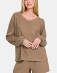 Zenana V-Neck Long Sleeve Ribbed Top and Shorts Set