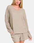 Zenana V-Neck Long Sleeve Ribbed Top and Shorts Set