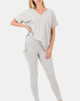 Lavender Zenana V-Neck Rolled Short Sleeve T-Shirt and Leggings Lounge Set