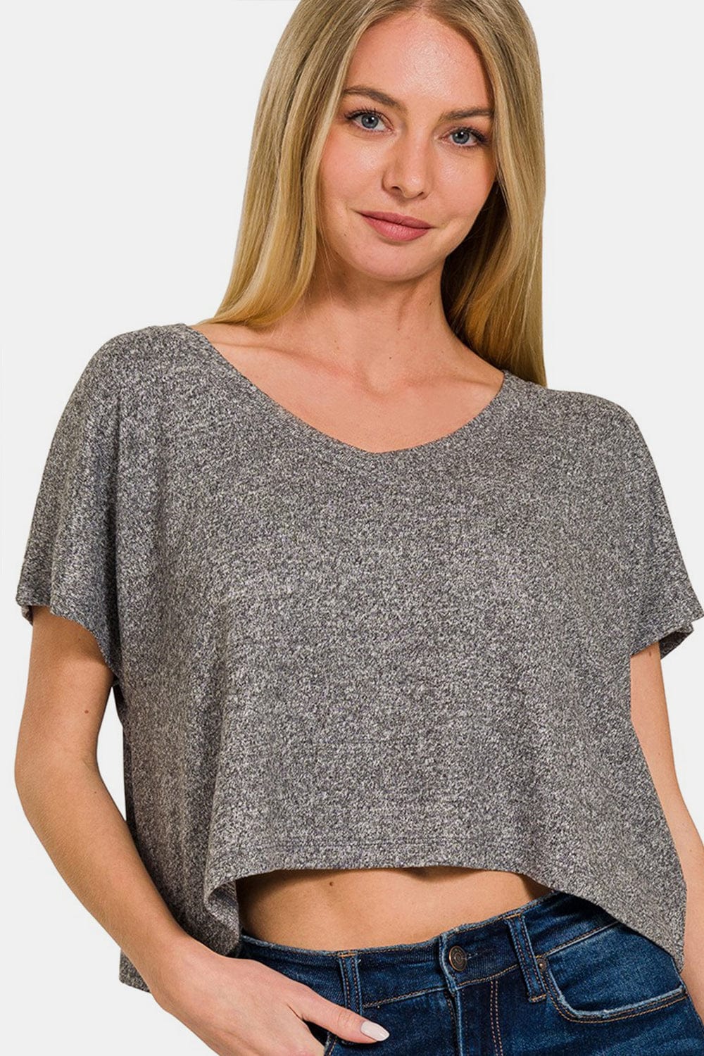 Rosy Brown Zenana V-Neck Short Sleeve Cropped T-Shirt