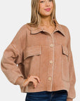 Rosy Brown Zenana Wash Fleece Front Pocket Button Up Shacket