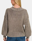 Light Gray Zenana Washed Half Button Long Sleeve Sweater