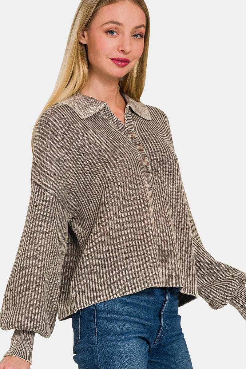 Dark Slate Gray Zenana Washed Half Button Long Sleeve Sweater