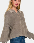 Dark Slate Gray Zenana Washed Half Button Long Sleeve Sweater