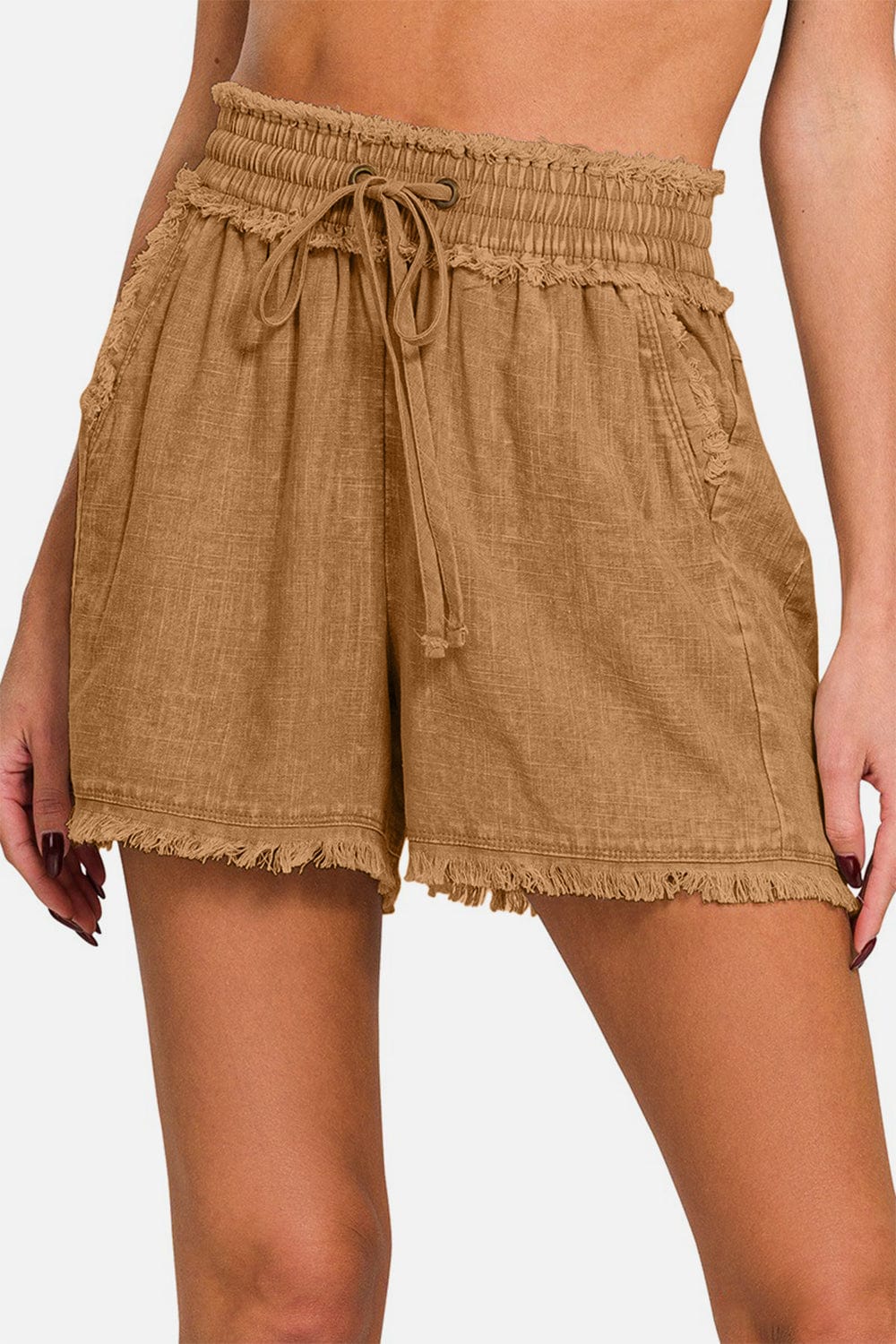 Sienna Zenana Washed Linen Frayed Hem Drawstring Shorts