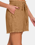 Sienna Zenana Washed Linen Frayed Hem Drawstring Shorts