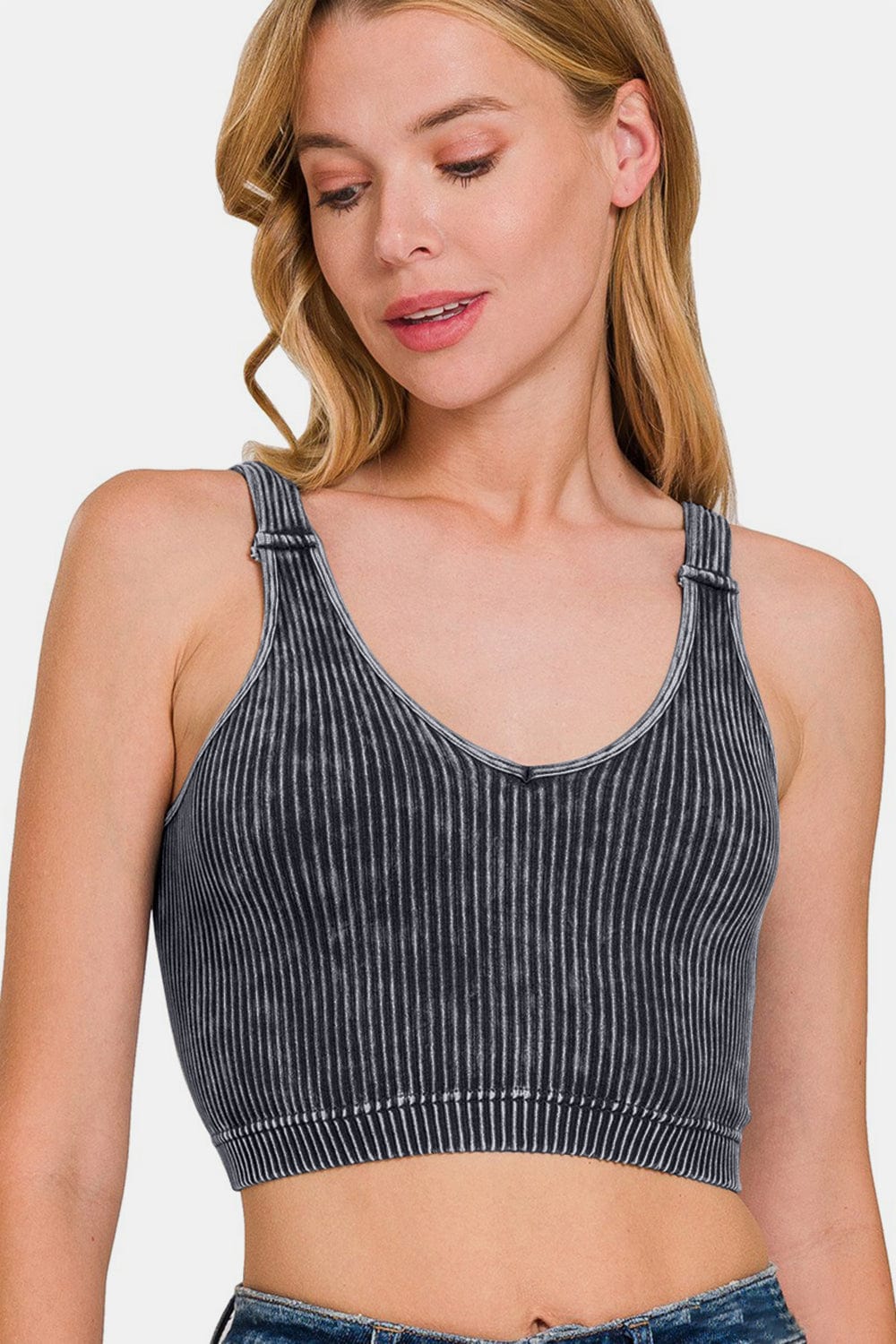 Rosy Brown Zenana Washed Ribbed Cropped V-Neck Tank