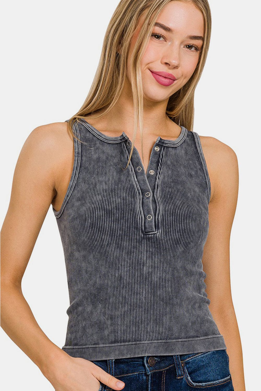 Rosy Brown Zenana Washed Ribbed Half Snap Seamless Tank