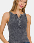 Rosy Brown Zenana Washed Ribbed Half Snap Seamless Tank