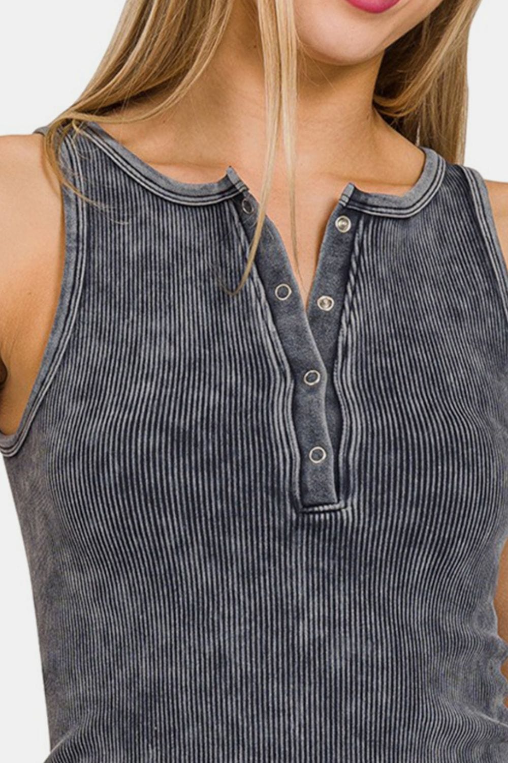 Dark Slate Gray Zenana Washed Ribbed Half Snap Seamless Tank