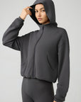 Light Gray Zip Up Dropped Shouder Active Hooded