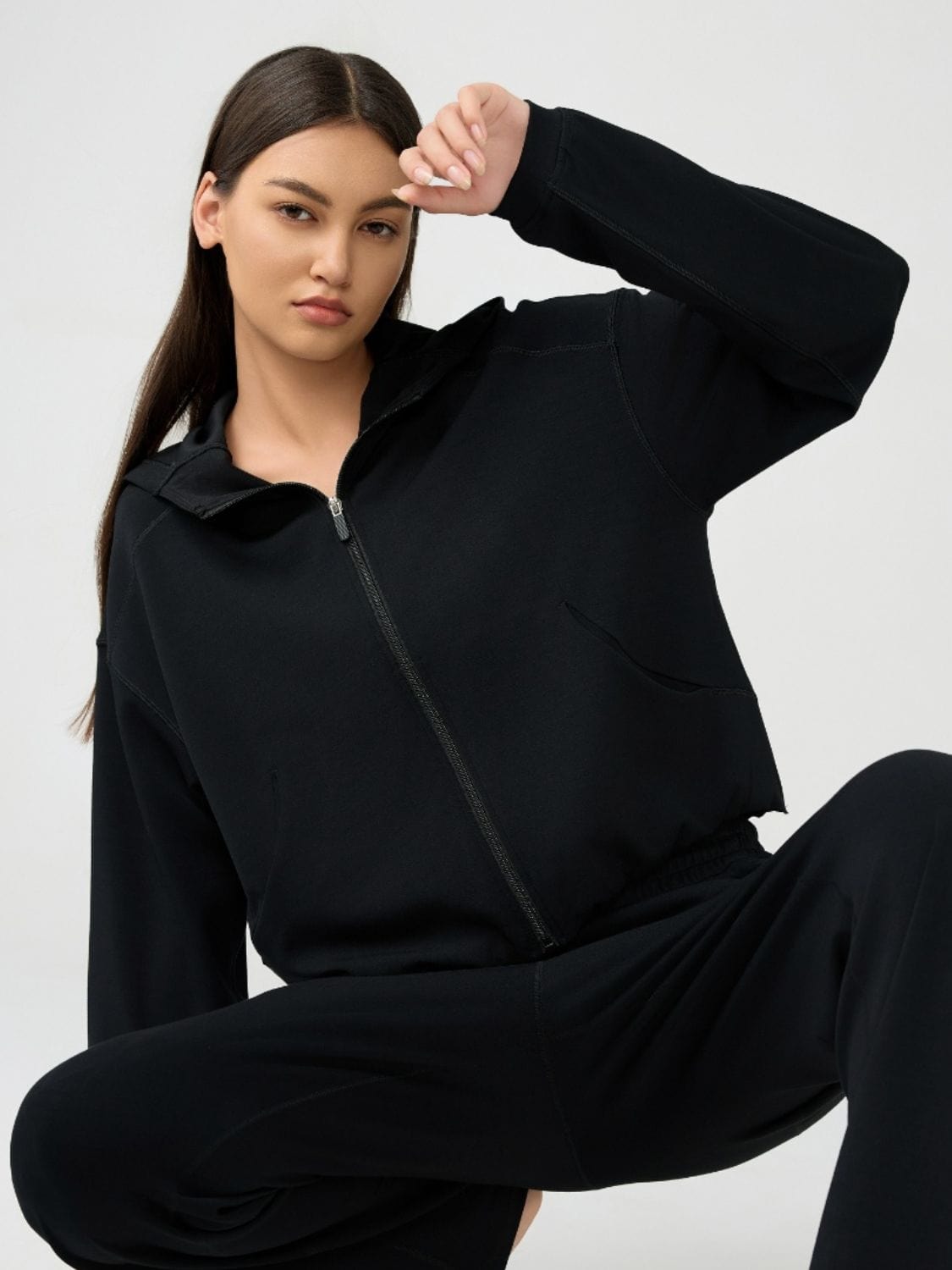 Black Zip Up Dropped Shouder Active Hooded