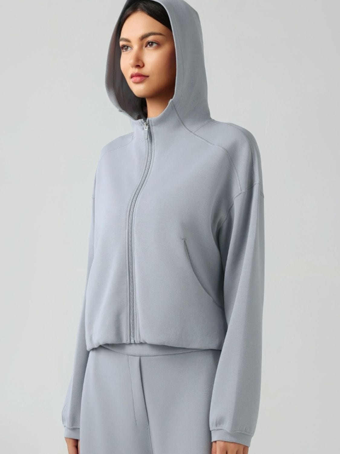 Light Gray Zip Up Dropped Shouder Active Hooded