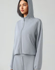 Light Gray Zip Up Dropped Shouder Active Hooded